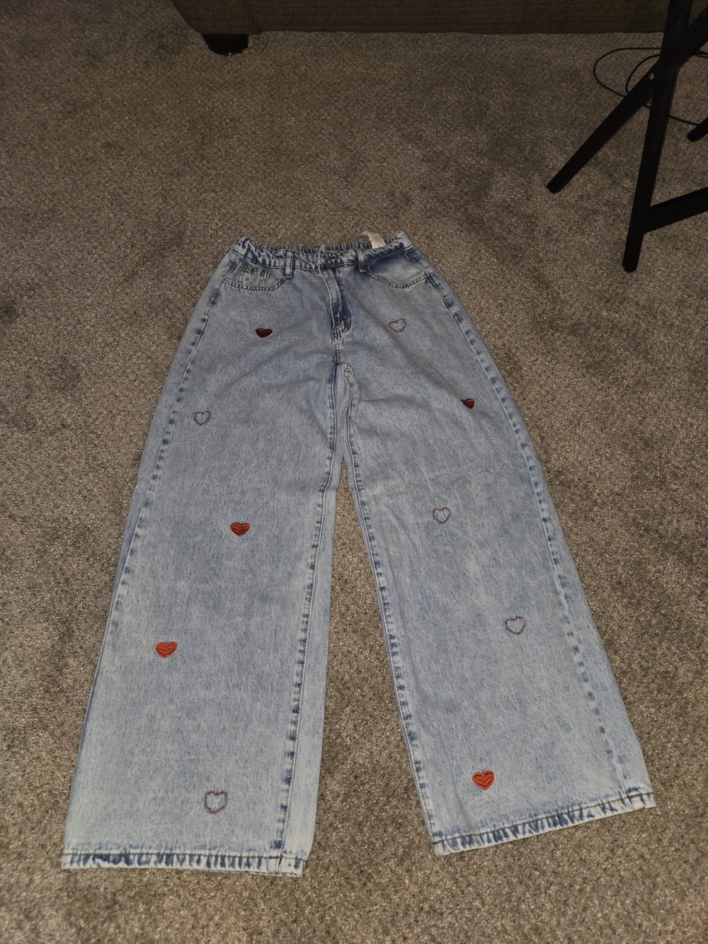 Heart Embroidered Wide Leg Jeans in Blue